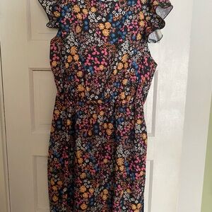 SHEIN Curve Black Floral Ruffle Midi Dress with Pink Yellow Blue Accents